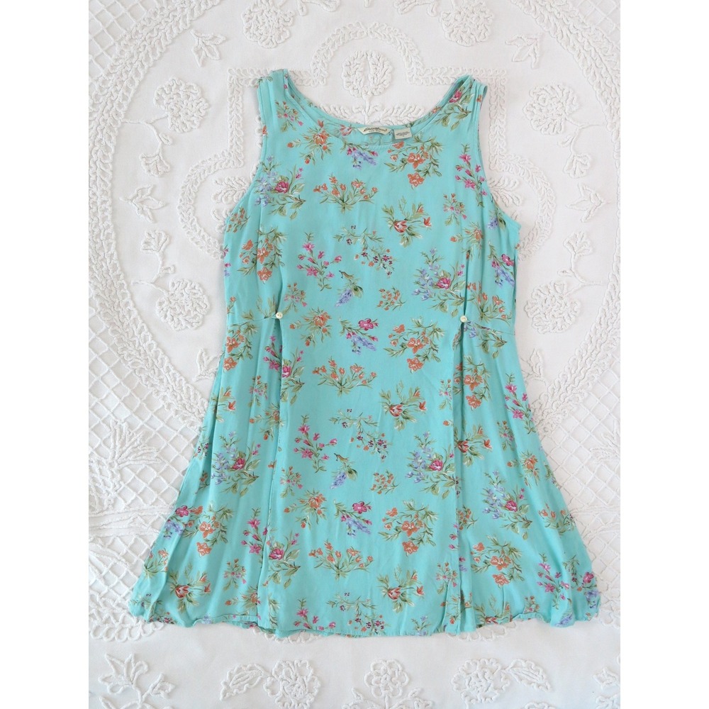 Eddie Bauer Vintage 90s Floral Mini Dress Large Petite Turquoise Rayon Cottage